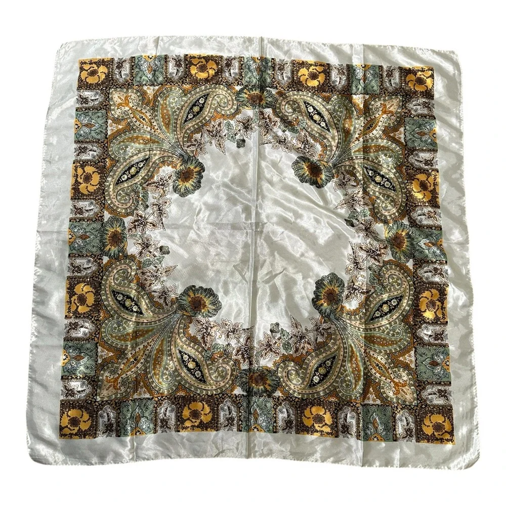 Vintage Paisley Floral Square Scarf Cream Gold Green Satin Silky Head Wrap 34in